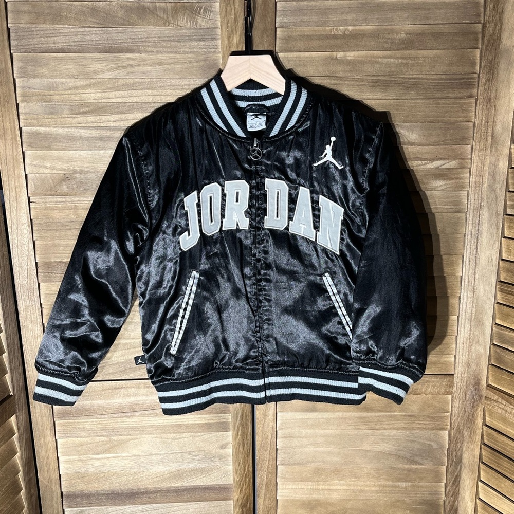 Jordan Black Satin Varsity Jacket with White Accents
